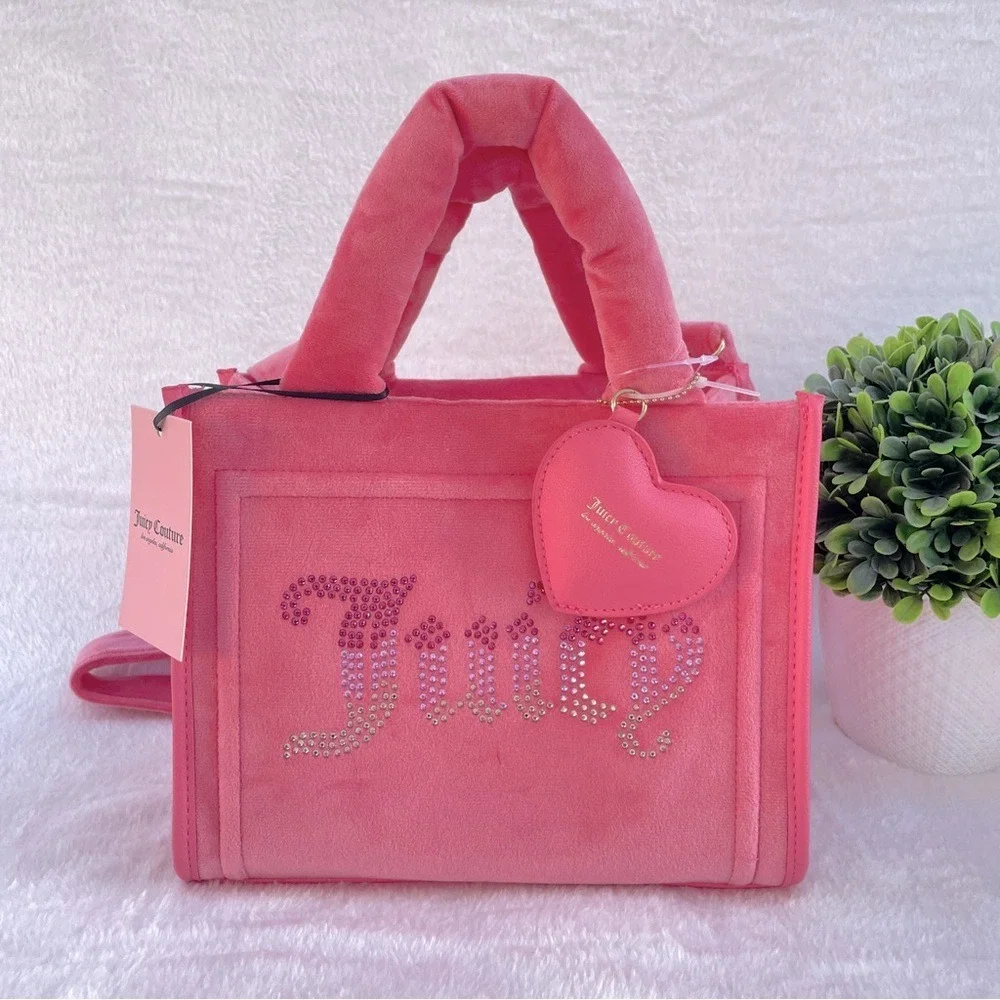 NEW Juicy Couture Pink‎ Velour Rhinestone Logo Tote Crossbody Bag NWT